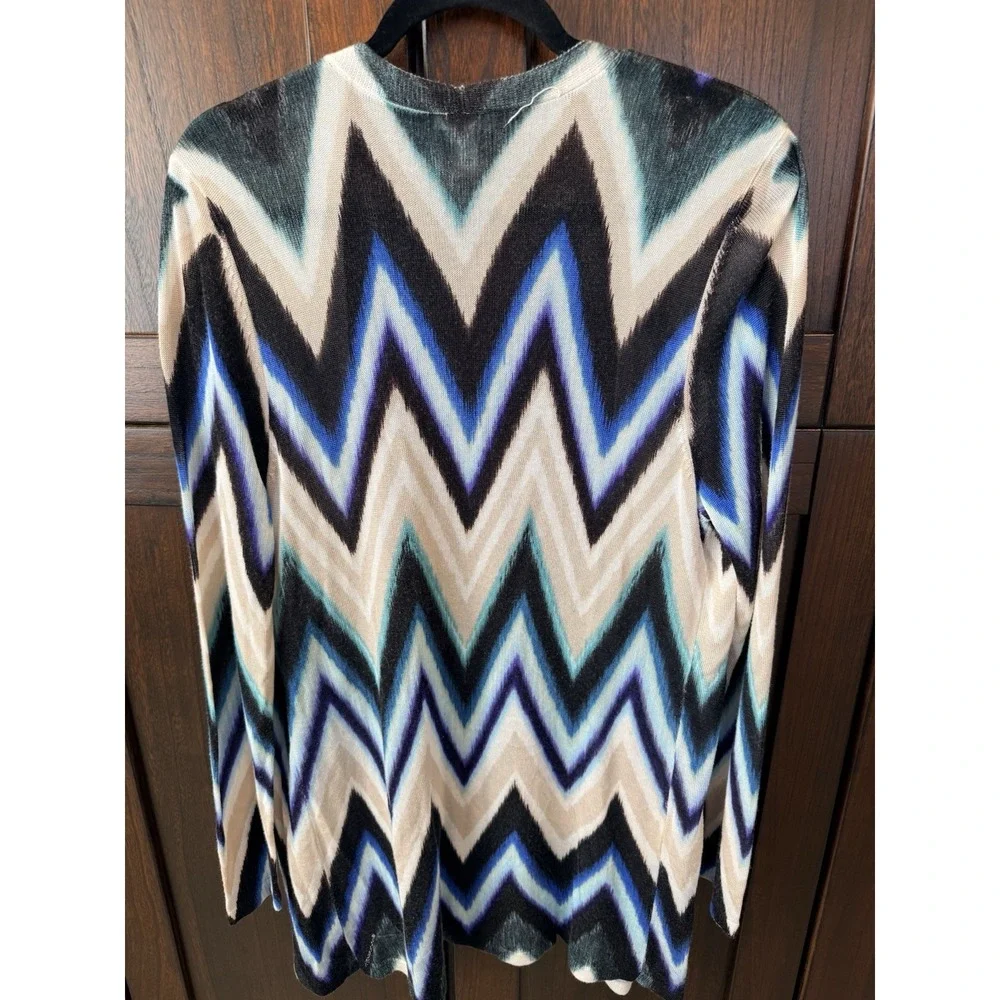 Chico's Open Long Cardigan Womens Size‎ 2 Chevron Lightweight Sweater Black Teal